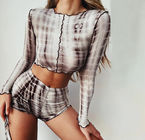 Striped Print Two Piece Casual Set , Long Sleeve Casual 2 Piece Short Set